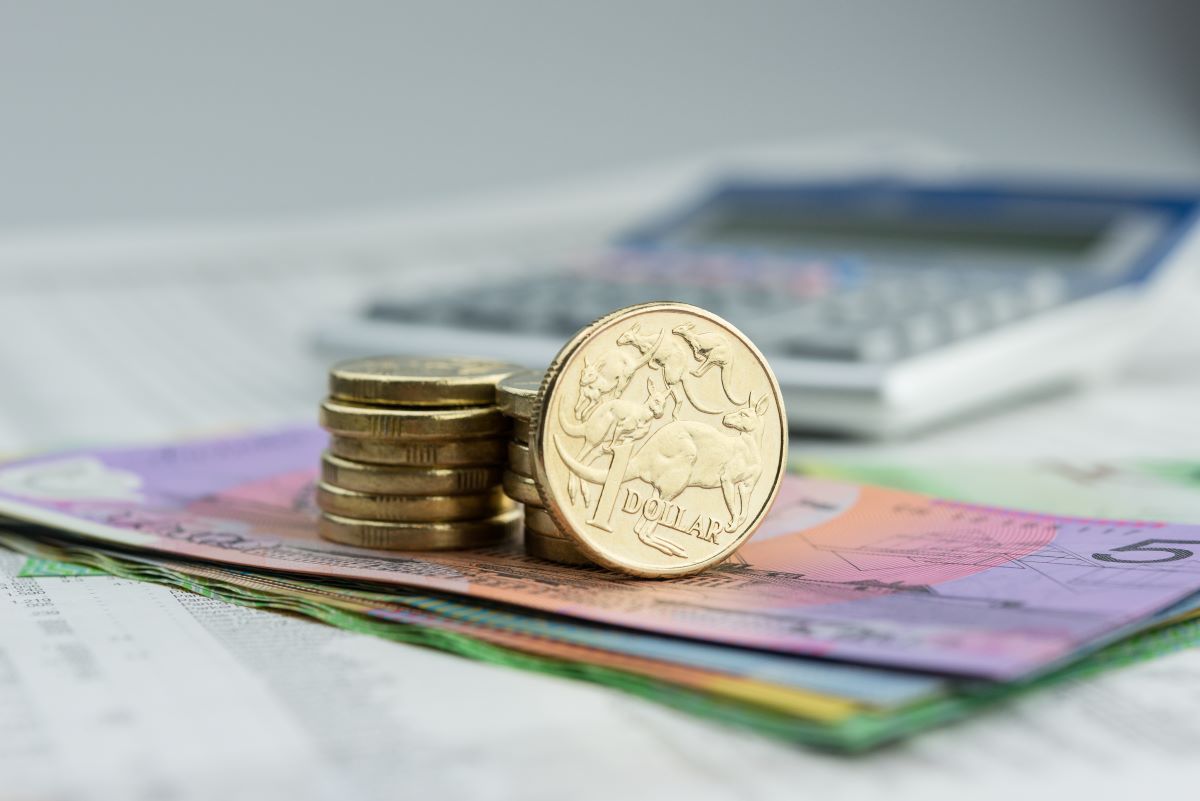 coins and credit cards with a calculator behind