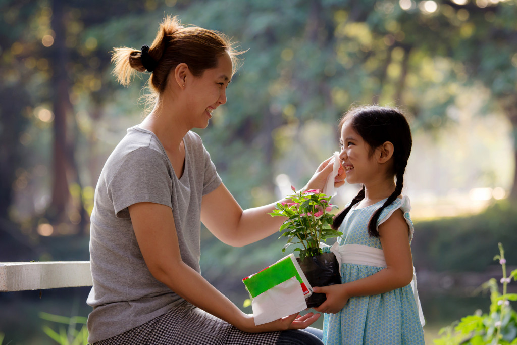 mother and child gardening